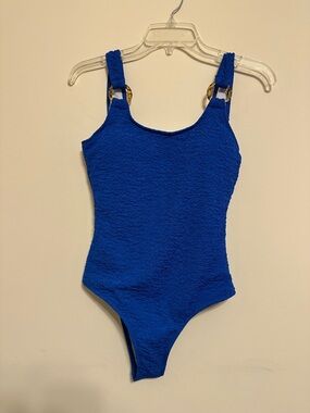 Royal Blue Crinkle Fabric Textured One-Piece Swimsuit Tortoise Ring Straps Small